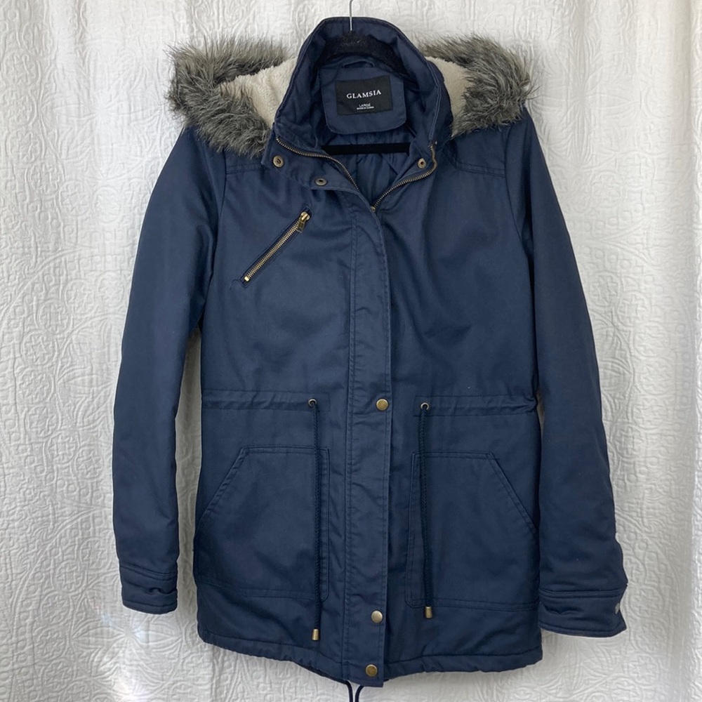 Glamsia Women’s Navy 100% Cotton Winter Coat sz Large